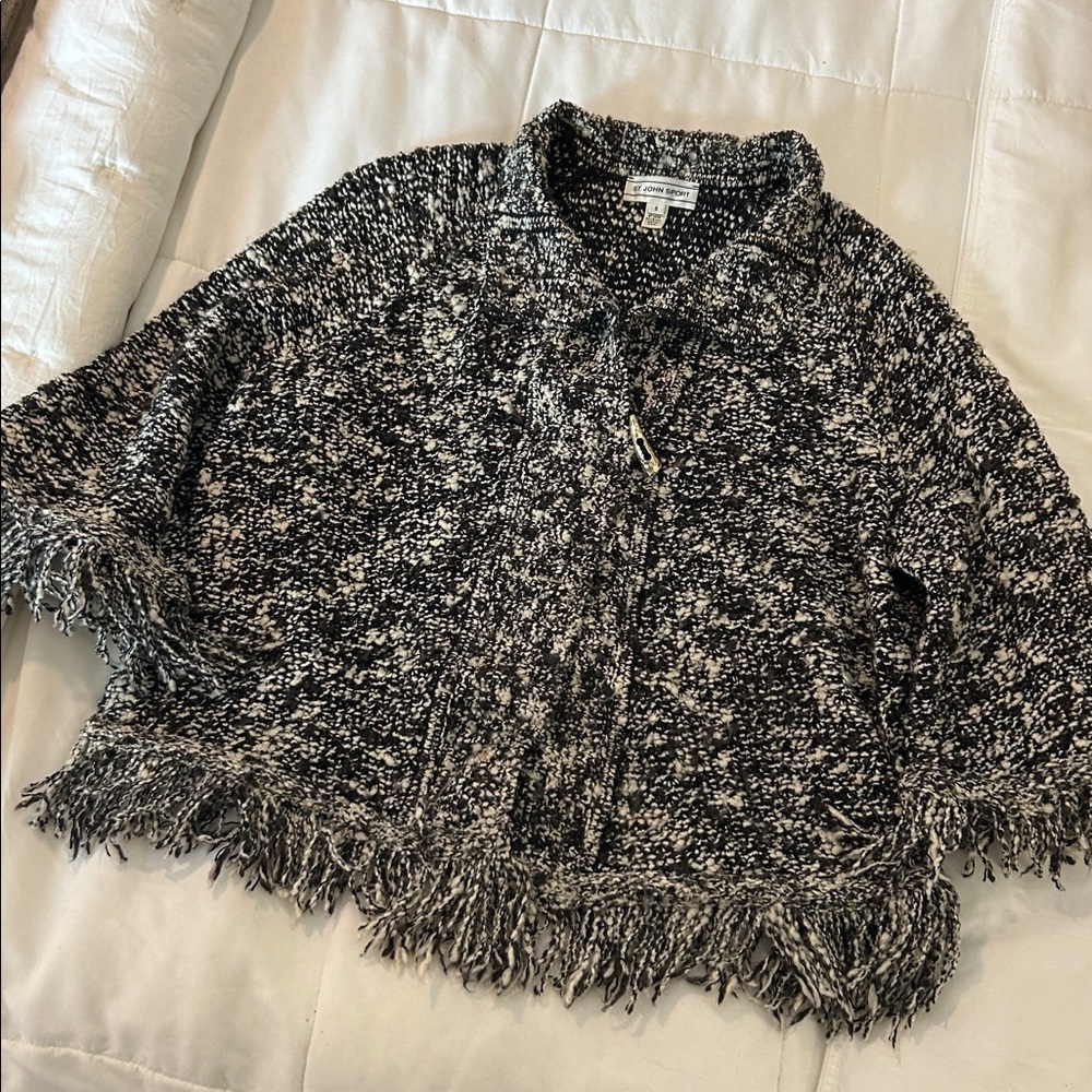 St. John Black and White Fringe Sweater